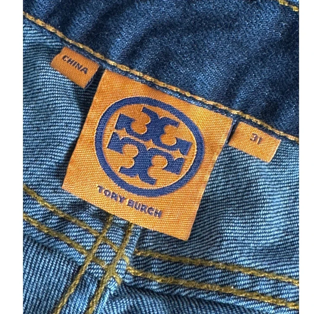 Tory Burch Super‎ Skinny Mid Rise Jeans Dark Wash Logo Pocket Size 31